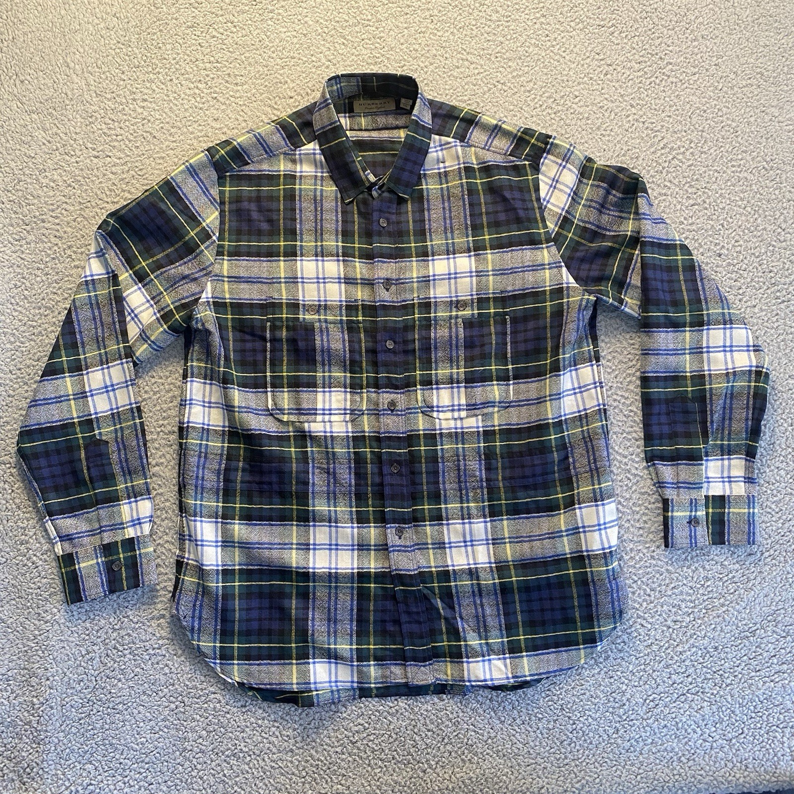 Burberry London 100% Wool Green Blue Tartan Plaid Long Sleeve Button Up Shirt Men XXL-image