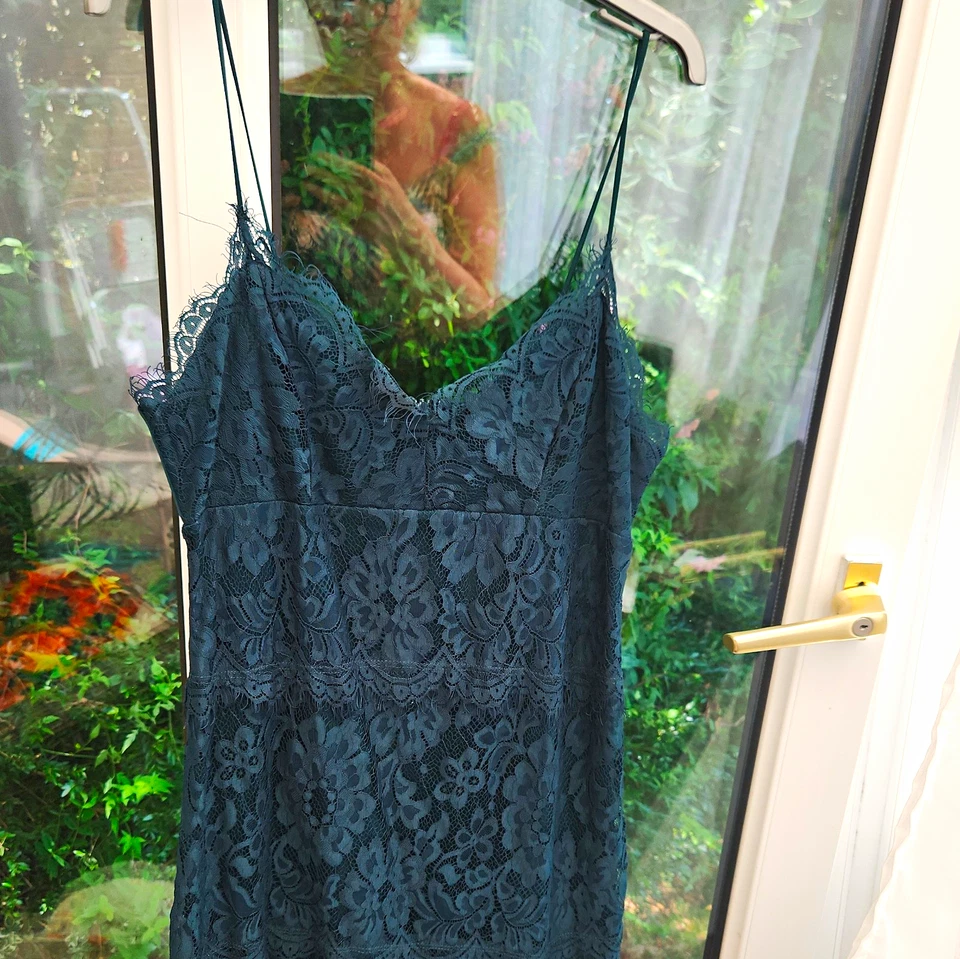 Topshop Petite Green Floral Lace V-Neck Strappy Slip Midi Dress Zip UK 12 - Image 1 of 3