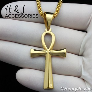 Authentic 18-36" 3mm Gold Plated Box Chain Simple Ankh Cross Pendant*AGP106