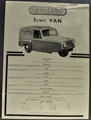 1955 Reliant 5cwt Van Regent 10cwt Van Sales Brochure Sheet Original 55