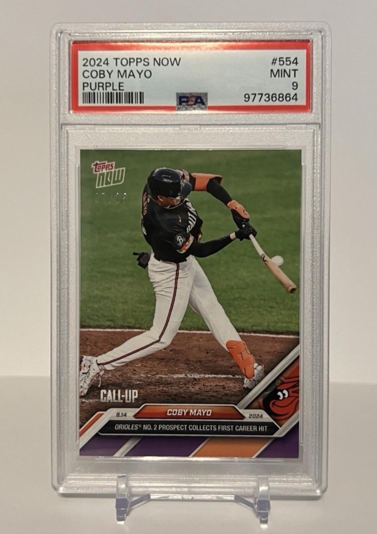 2024 Topps Now Purple /25 #554 Coby Mayo Call-Up PSA 9–Orioles First Career Hit
