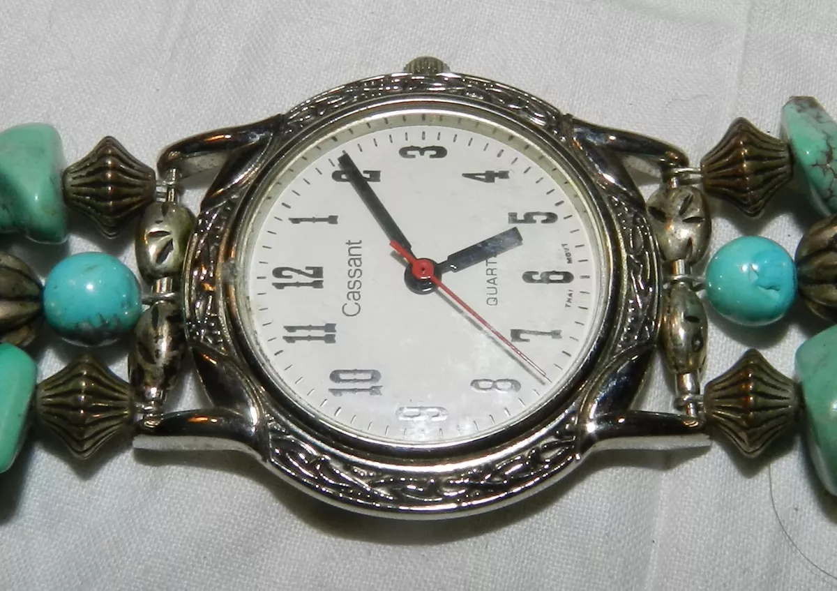 Vintage Women s Cassant Quartz Watch w Turquoise Silver colored bead bracelet