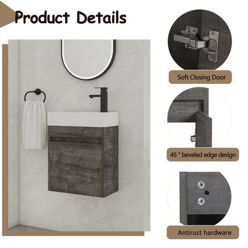 Mueble tocador de baño flotante montado en la pared de 18 pulgadas con fregadero de resina pequeño gris espacial - Imagen 8 de 12