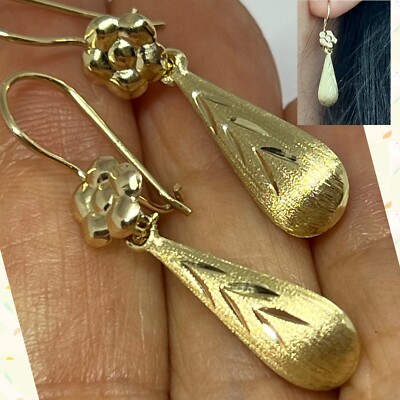 Gold TearDrop Träne Tropfen Ohrring 14k gelb Baumeln lang hängend Blume 1,35''