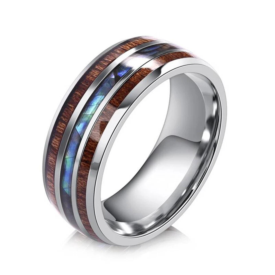 Edelstahl Ring Abalone Perlmutt Holz Maserung Inlay Silber Braun Herren Damen - Bild 1 von 1