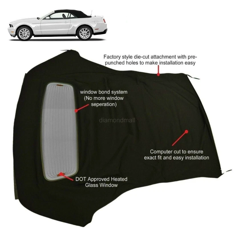 Ford Mustang 2005-2014 convertible techo blando con paño de vela ventana de vidrio térmico DOT Foto 2 de 4