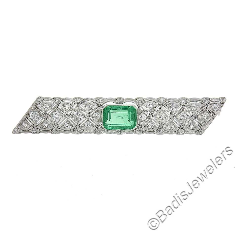 艺术装饰白金 3.68 克拉 GIA 哥伦比亚翡翠钻石条胸针胸针 — 第 2/4 张图片