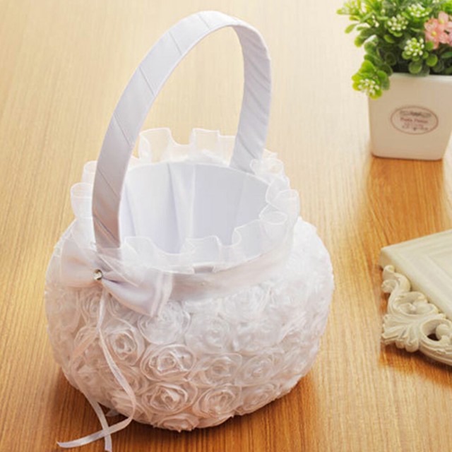2pcs Wedding Flower Girl Basket White Ribbon Basket Satin Bowknot