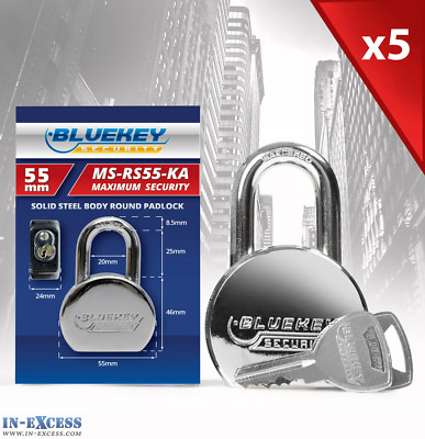5x Bluekey maximale Sicherheit massiver Stahl Körper rund verschlüsselt gleich 55 mm Vorhängeschlösser MS-