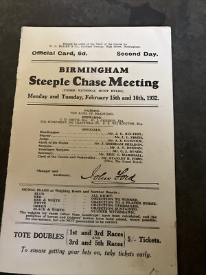 Old Horse Racing Steeple Chase Official Card Birmingham 1932 Ephemera Vintage