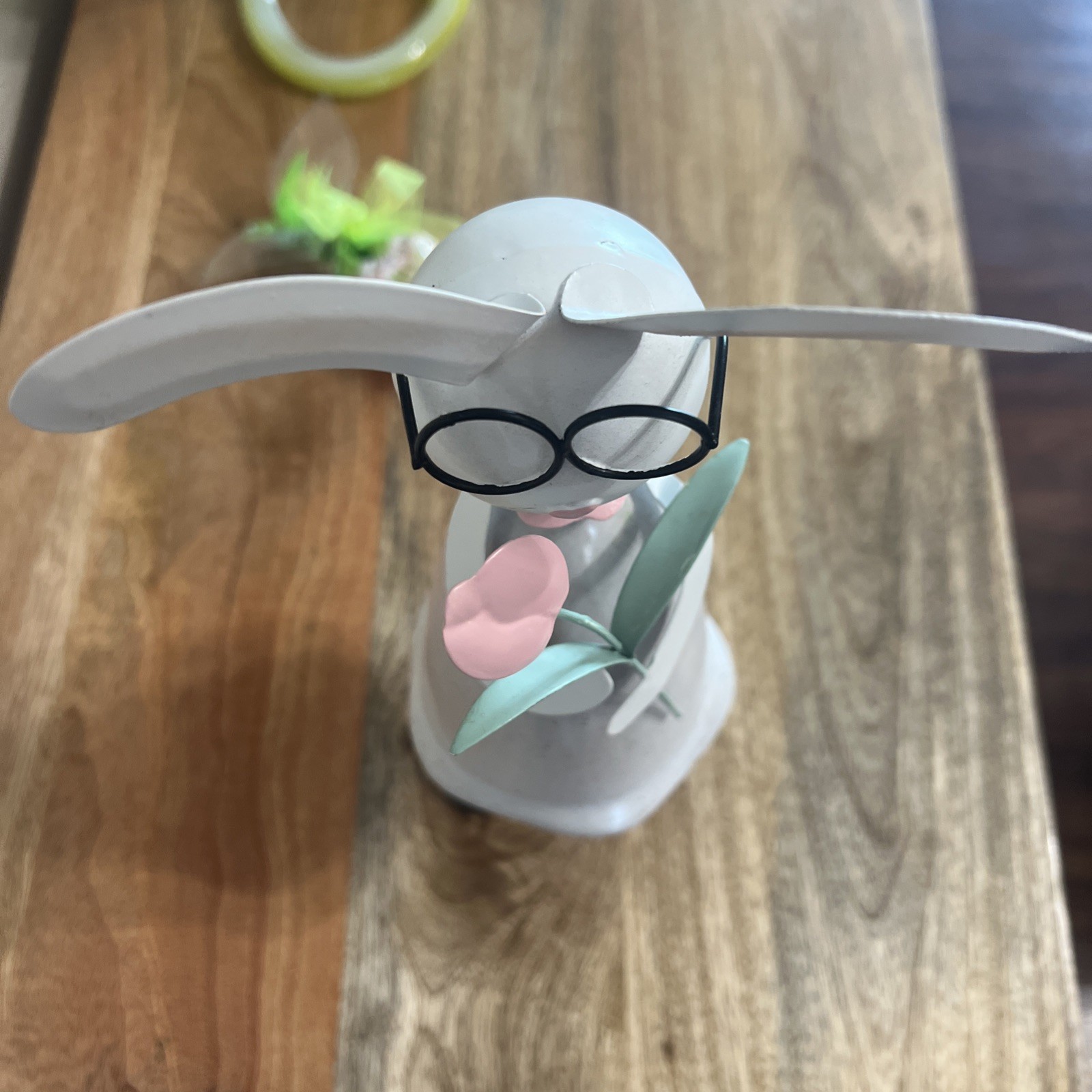 12 1/2” Ceramic Beige OffWhite Bunny Rabbit holding pink flower  thumbnail 6