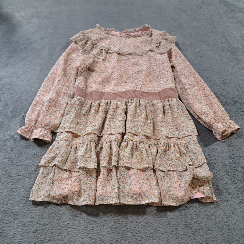 Imoga Pink Floral Print Tiered Ruffled Dress Girls Size 8 Long Sleeve