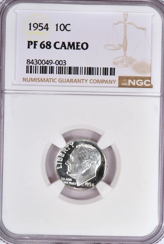 1954 Roosevelt Dime Proof NGC PF 68 CAMEO PR 68 CAM Frosty Silver Coin 10C