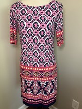 Eliza J Vibrant Geo Print Half Sleeve Shift Mini Dress Pink Blue White Size 4