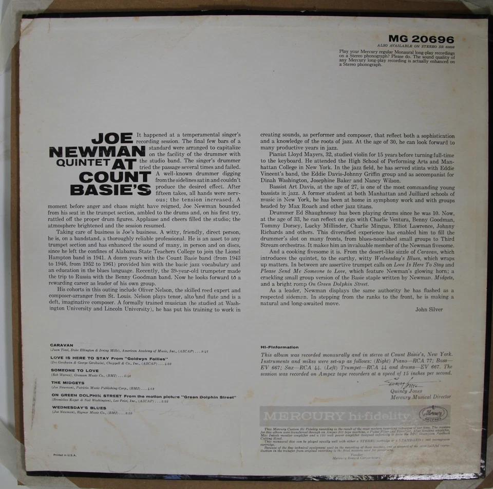 Joe Newman Quintet - At Count Basie's - MERCURY MG-20696 M-/VG+ Mono White Label - Image 2 of 4