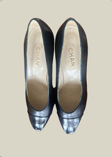 Refurbished Chanel Classic Cap Toe Leather Black Pumps Sz 39 Kitten Heel
