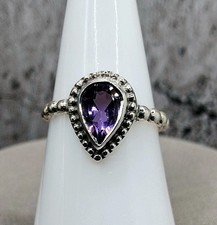 925 Sterling Silver Genuine Amethyst Ring Size 7 Pear Teardrop Halo Purple