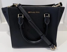 Michael Kors Black Selma Medium Saffiano Leather Crossbody Bag Purse Gold Logo