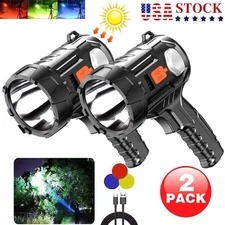 2PCS Solar/USB Super Bright Rechargeable LED Spotlight Flashlight Searchlight