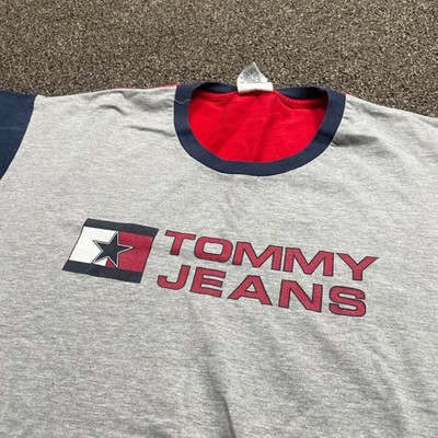 Vintage Tommy Jeans T Shirt Mens Large Colorblock Grey Red Blue Made in USA 90s
