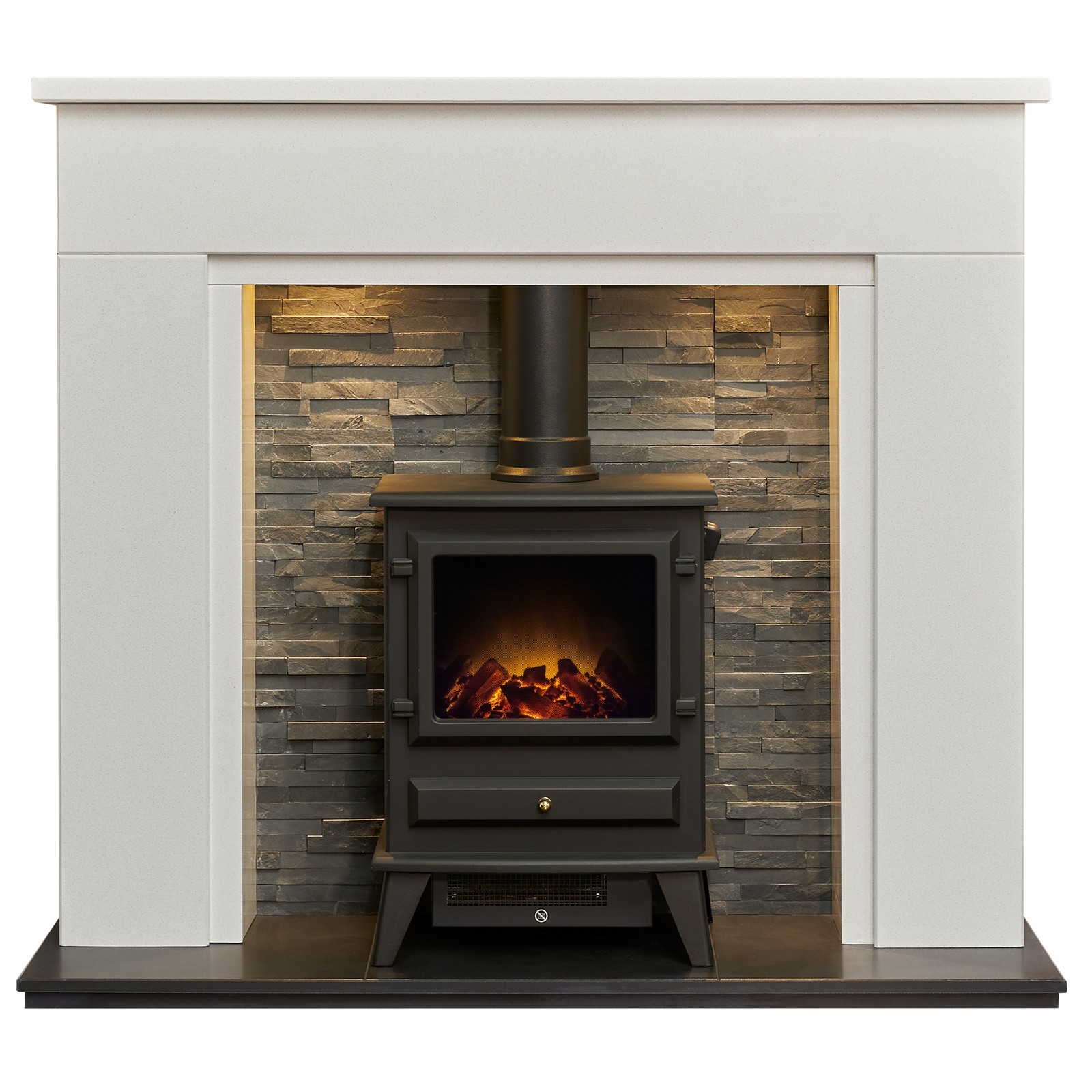Acantha Rimini White Marble Fireplace with Downlights & Hudson Electric Stove...