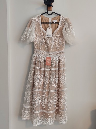 Ivy City Co Sicily Midi White Lace Champagne Nude Lined Floral Embroidered NWT S