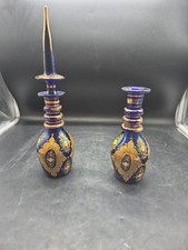 2x Bohemian Glass Carafe, Cobalt Blue, Gold Trim. - G. 10
