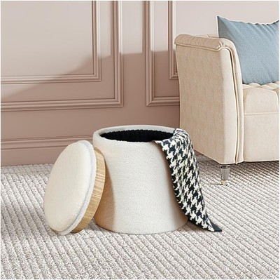 NEW PINPLUS Round Storage Ottoman Boucle Ottoman with Tray, Teddy Velvet Foots