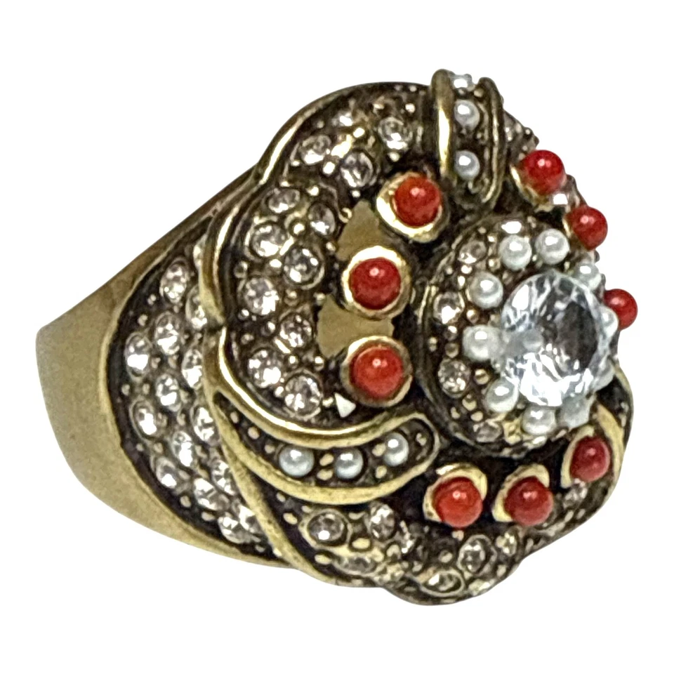 Heidi Daus Size 9 Statement Ring Crystal Red Bead Antique Gold Tone Cocktail Jew - Image 3 of 4