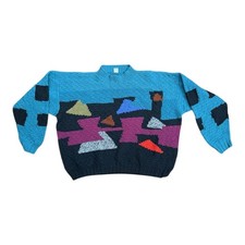 Vintage 80s Heavyweight Chunky Cotton-Knit Abstract Pullover Sweater - Large/XL