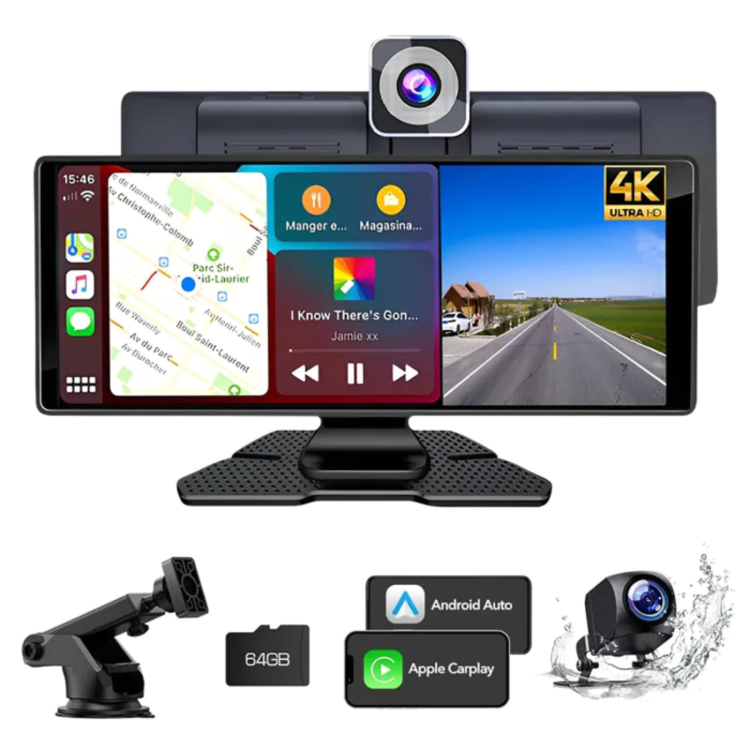 Écran CarPlay sans fil 10.26 pouces pour éviter les amendes et filmer la route en 4K
