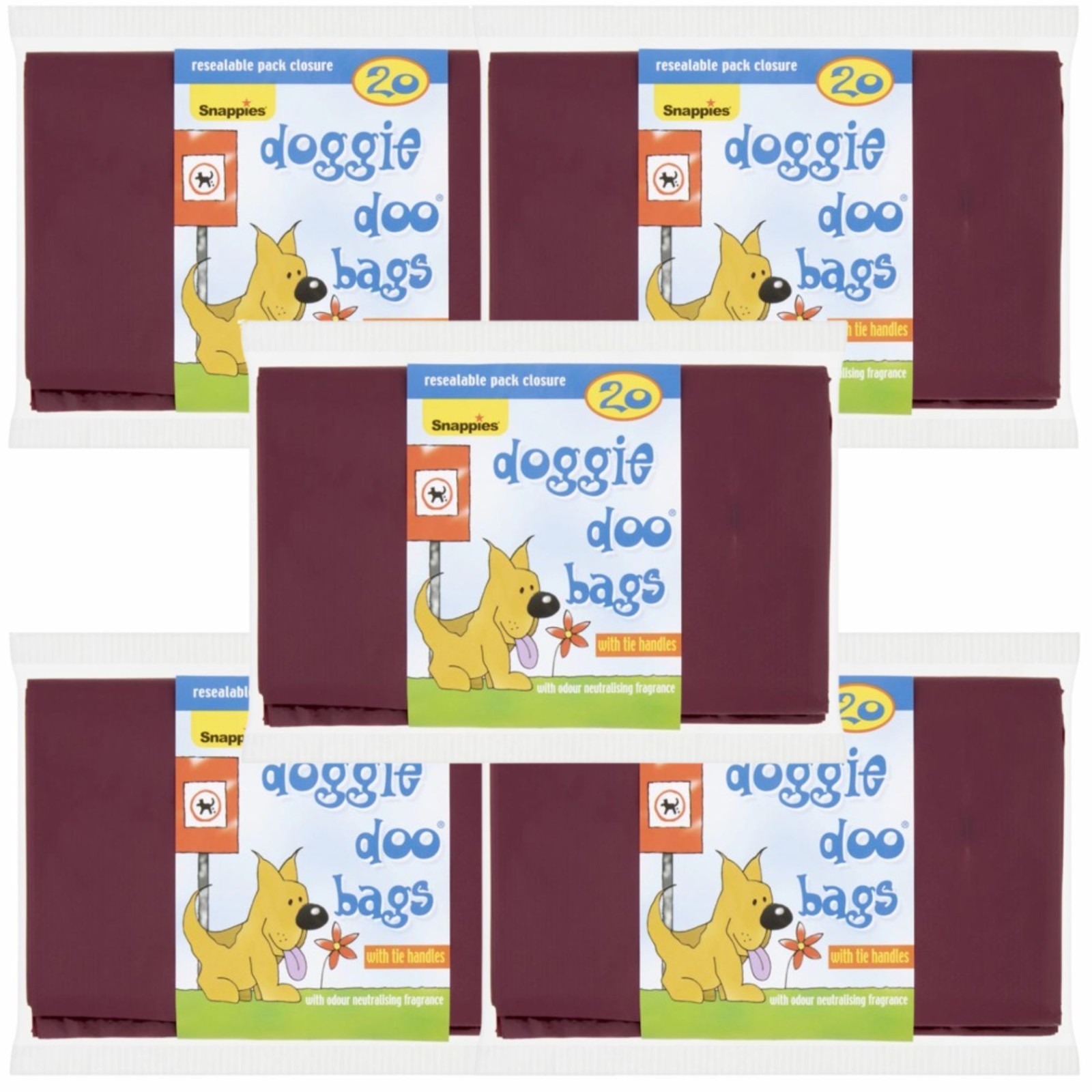 Snappies Doggie Doo Bags 100 Total (5 x 20 Pack) Scented Poop Bags Tie Handles