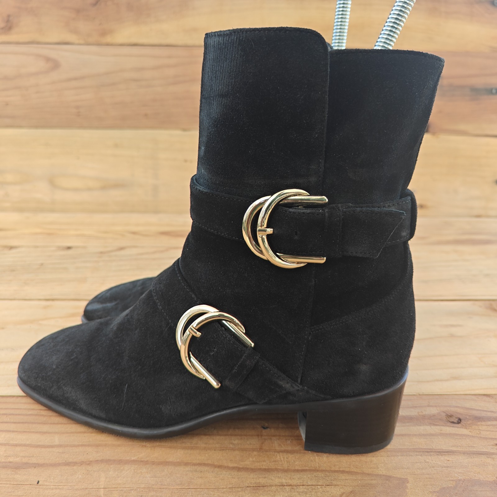 Stuart Weitzman Women's Black Suede Side Zip Block Heel Buckled Ankle Boots Sz 7