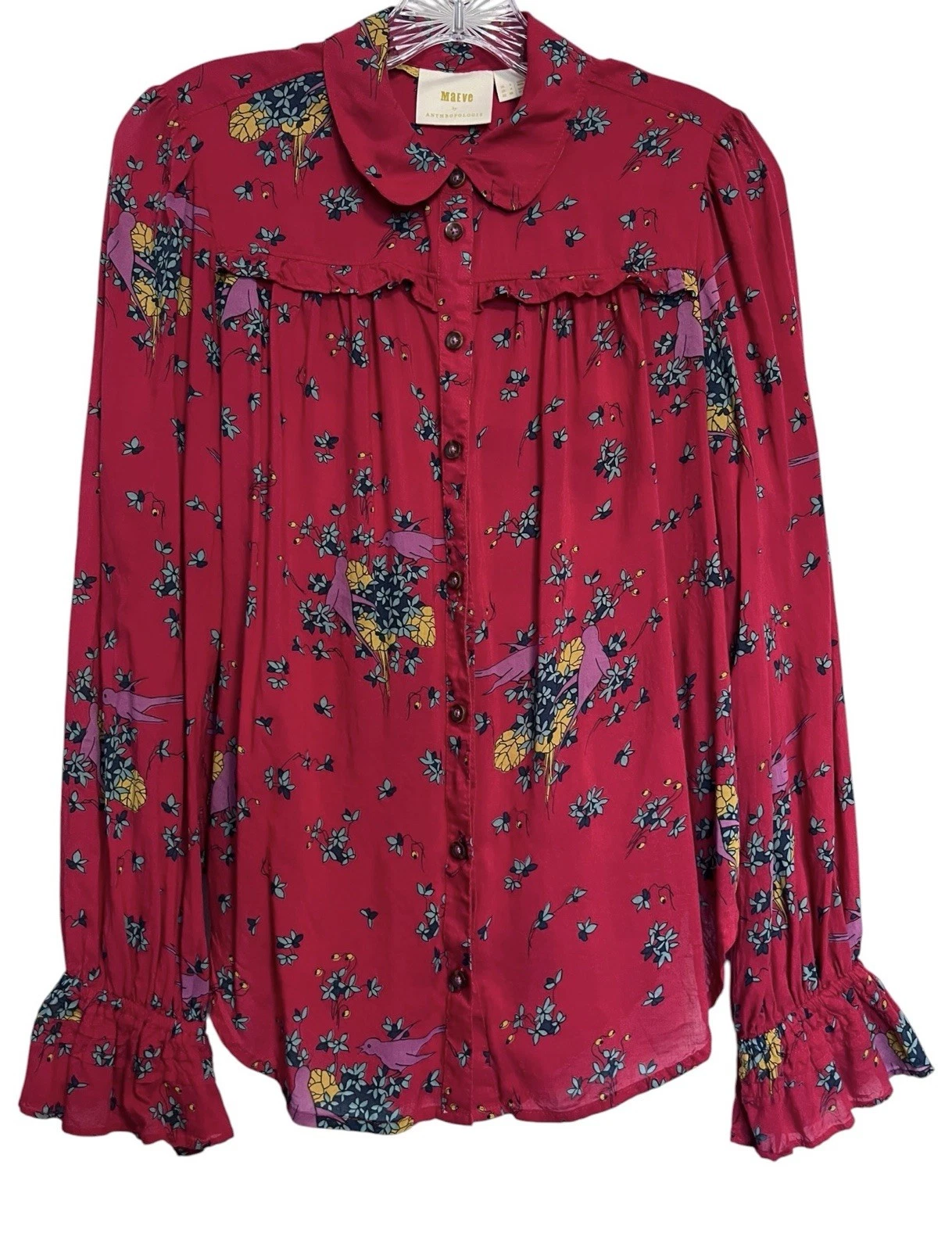 Anthropologie MAEVE Sz 4 Top Ruffles Fredericka Birds Floral LS Red Button Up