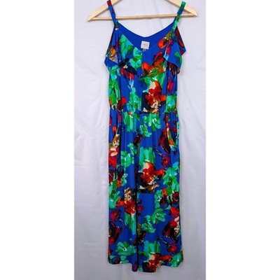 Cupio Floral Capri Jumpsuit Women XS Blue Tropical Wide Leg Cropped Pockets