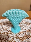 Vintage Fenton Turquoise Hobnail Milk Glass Fluted Fan Vase Ruffled Top- 4 in