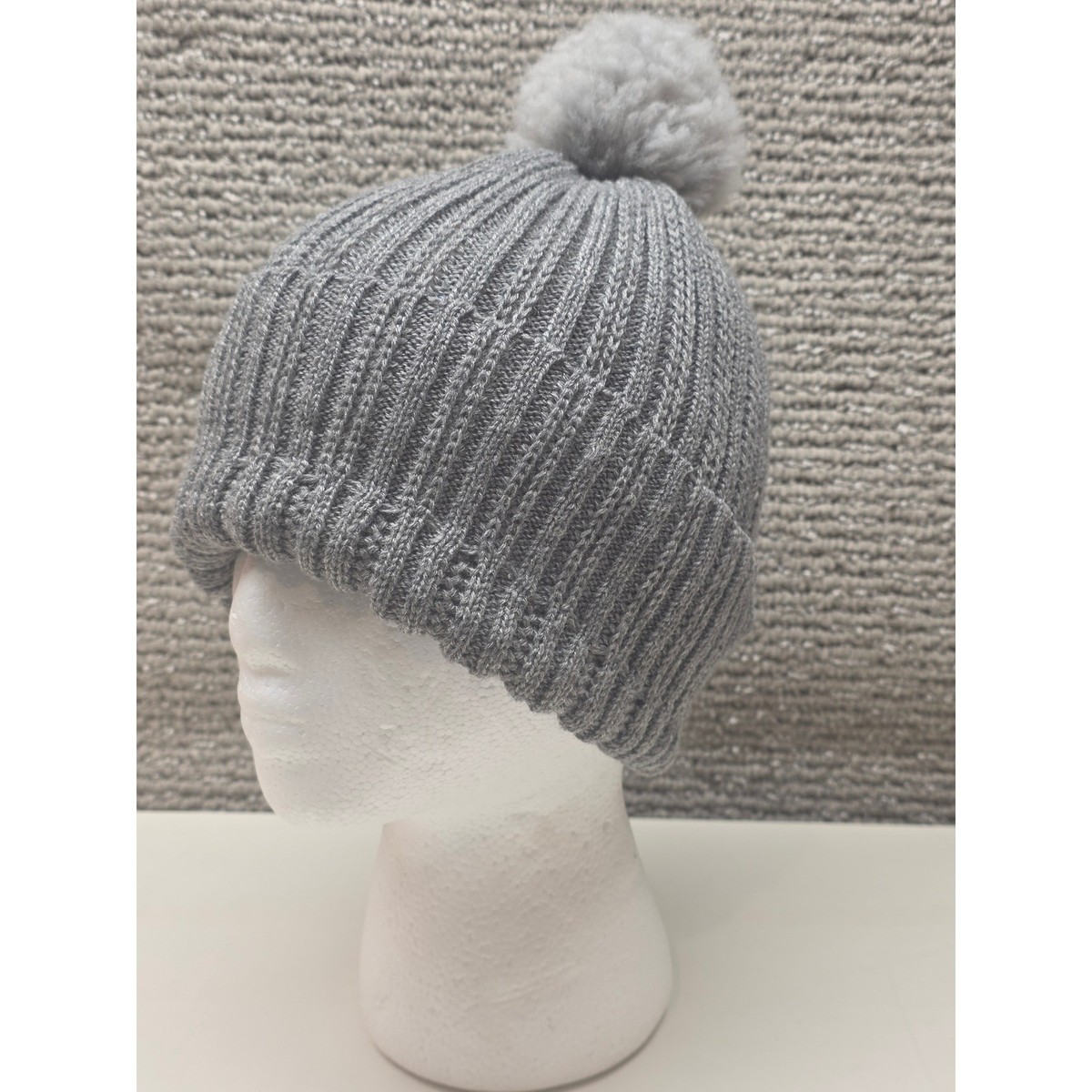 Gray Ribbed Knit Beanie Hat with Faux Fur Pom Pom Adult One 