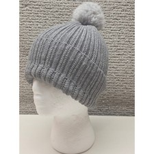 Gray Ribbed Knit Beanie Hat with Faux Fur Pom Pom Adult One Size Winter Cap