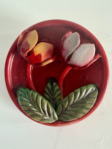 1" Vintage Red Celluloid Button with Pretty Florals Unique Rarer Find