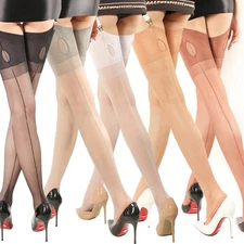 Retro Backseam Keyhole Stockings Hold Up Nylon Thigh Highs Plus Size (5 Colors)