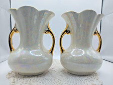Vintage Pearl China company Iridescent 22 kt Gold Handle Vases USA Made 6" tall