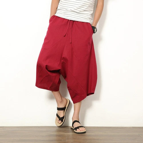 Men Linen Capri Wide Leg Pants Shorts Drop Crotch Harem Trousers Crop Loose - Bild 16 von 23