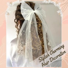 Bow-Knot Bridal Veil White Pearl Hair Bow Tulle Short Veils with Clip Hair Ac...