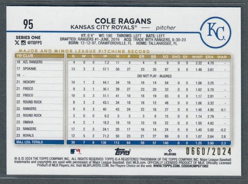 2024 Topps Serie 1 Cole Ragans Oro #/2024 Royals SP - Imagen 2 de 2