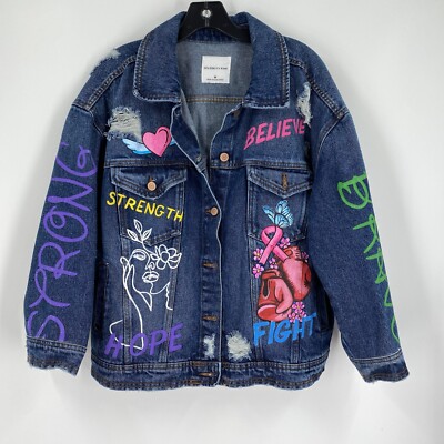 Celebrity Pink Women s Breast Cancel Painted Denim Jean Jacket size M NWT