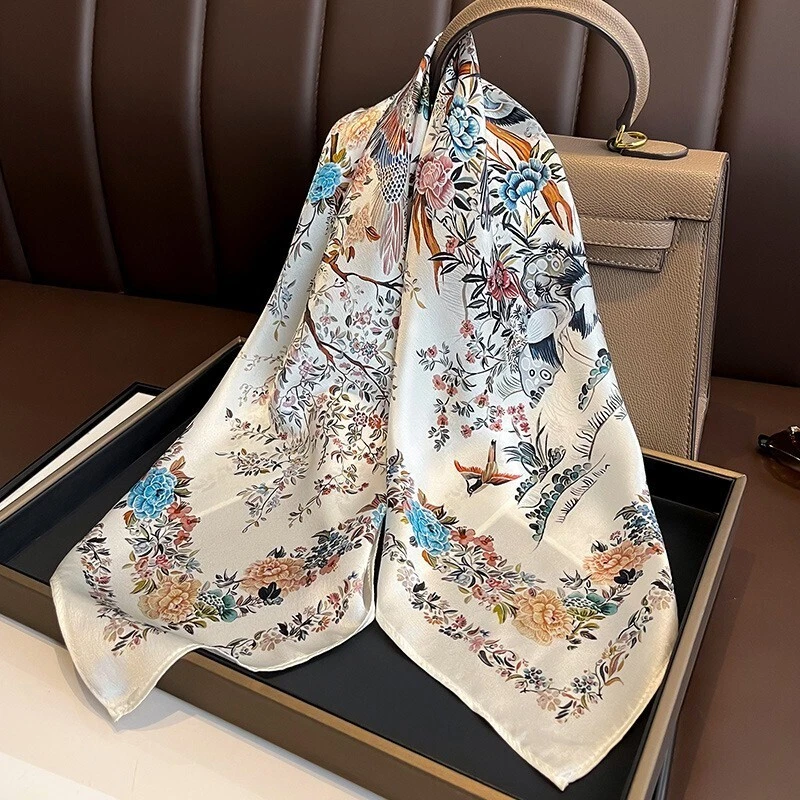 100% Mulberry Silk 27" Square Scarf Women Neckerchief Bandana White Flower Birds