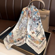100 Mulberry Silk 27" Square Scarf Women Neckerchief Bandana White Flower Birds