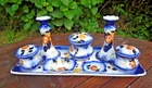 Antique Dressing Table Toilet Set: Tray, Pots, Candlesticks. Flo Blue Floral