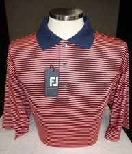 NEW MENS FOOTJOY S/S STRETCH LISLE STRIPE POLO GOLF SHIRT, NAVY/CORAL, LARGE