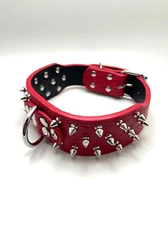 RED 2" wide Spiked Studded Dog Pet Collar PU Leather Adjustable XS for Medium 